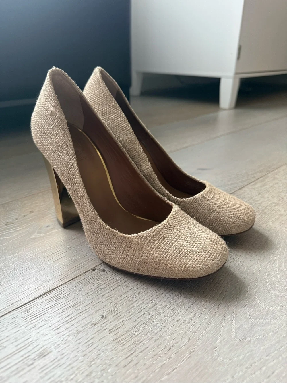 Tory Burch Natural Beige Textured Block Heel Pumps